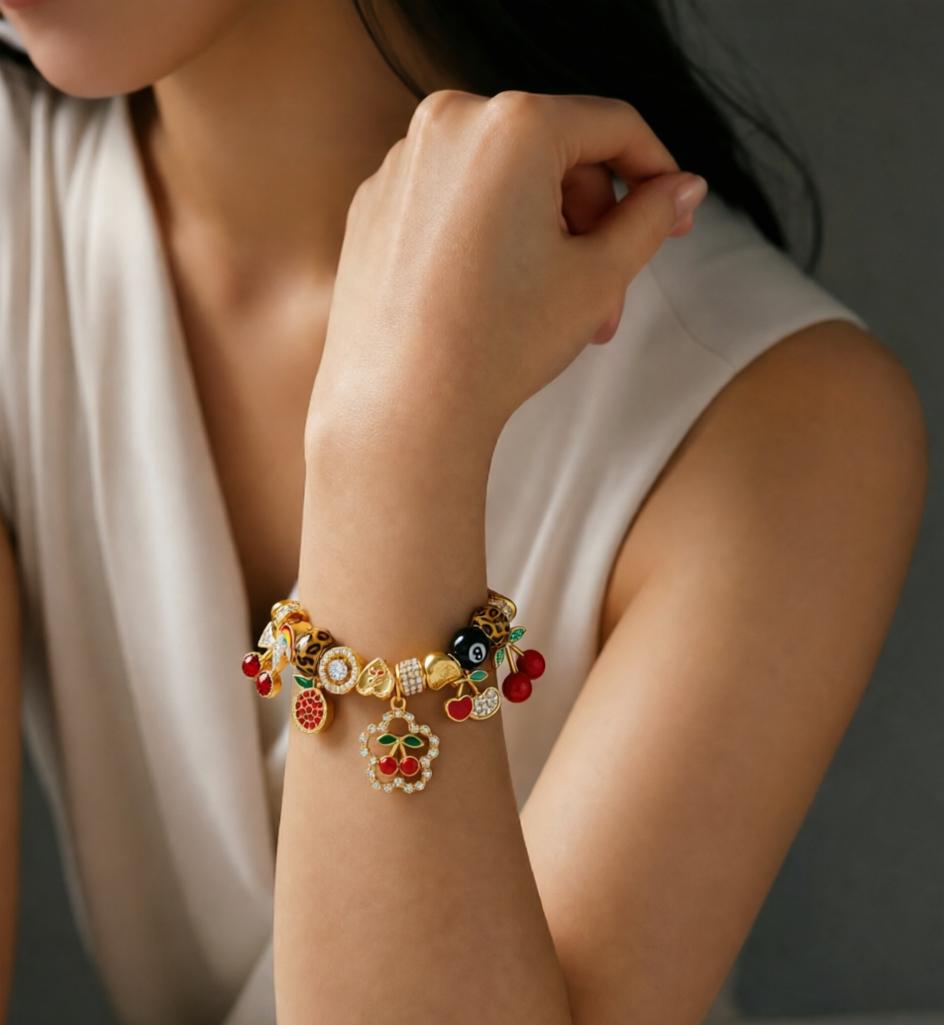Retro Fun Beaded Bracelet with Leopard, Cherry & 8-Ball Charms – Stylish & Versatile Fashion Accessory Retro Fun Beaded Bracelet with Leopard, Cherry & 8-Ball Charms – Stylish & Versatile Fashion Accessory