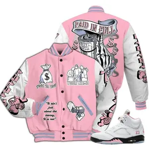 AJ 5 Retro 'Paid In Full' Varsity Jacket Custom Name All Over Print 100% Polyester Knit Fabric Snap Closure Elastic Cuffs Waistband Collar Sublimation Printing Casual Wear Outdoor Activities