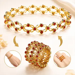 Magic 2-in-1 Retractable Ring Bracelet for Women Telescopic Folding Ring with Red Crystal Versatile Gold Finish Jewelry for Party Gift Unique Transforming Fashion Accessory