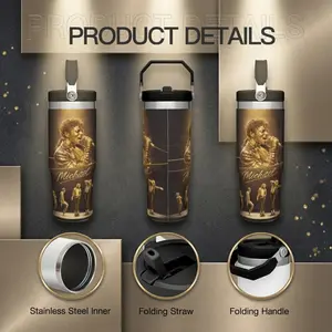 Michael Jackson 30oz Tumbler with Folding Straw & Folding Handle Insulated Stainless Steel Travel Cup Leak-Proof Reusable Coffee Mug Music Fan & Dance Lover Gift Anniversary Present Portable Travel Tumbler