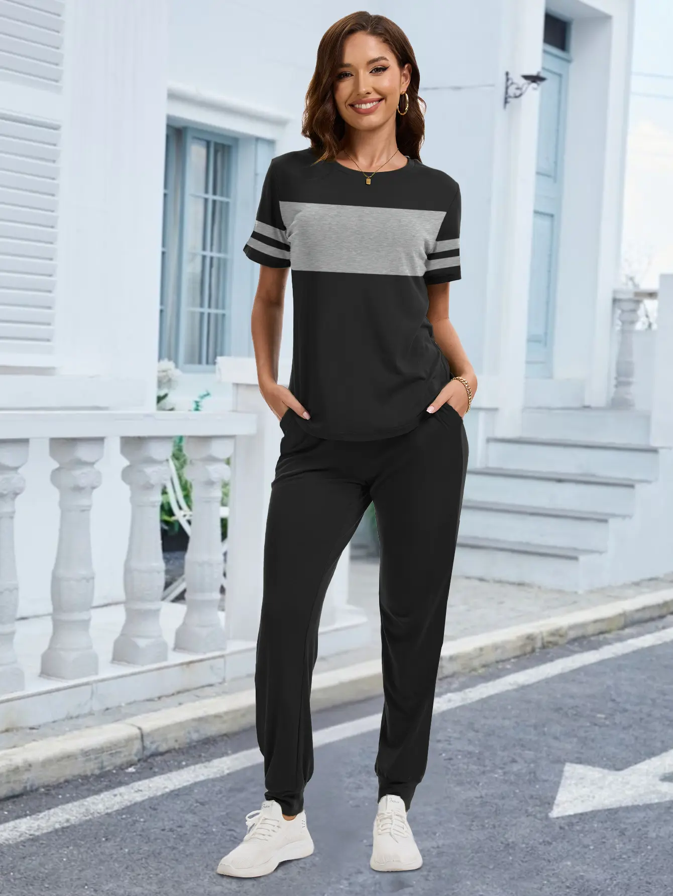 Women's 2-Piece Fitted Summer Casual Clothing Set - Crew Neck Short-Sleeve Top, Striped Patchwork Drawstring Trousers, 2 Piece Sets,Women 2 Piece Sets