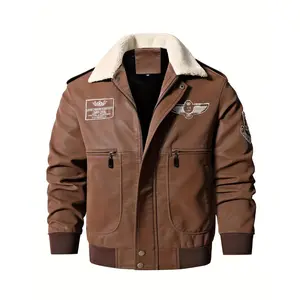 Men's Bomber Motorcycle Leather Jacket Vintage Fleece Faux Leather Jacket Gifts