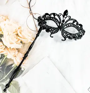 Venetian-Style Crystal Masquerade Mask with Stick, Adult Mask for Met Gala, Masquerade Ball