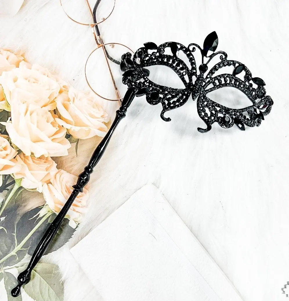 Venetian-Style Crystal Masquerade Mask with Stick, Adult Mask for Met Gala, Masquerade Ball