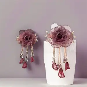 1 Piece Elegant Style Chain Tassel Decor & Mesh Rose Design Hair Claw Clip, Rose Hair Claw, Fashion Hair Styling Accessories Perfect For Women & Girls, Flower Hair Clip