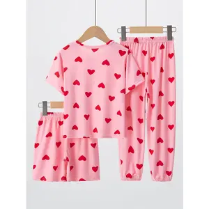 3pcs Girls' Pajama Suit - Sleepwear Short-Sleeve Nightgown with Matching Shorts & Pants, Pink Heart Print Sleepwear for Girls & (4-13 Years), Spring Summer Sleepwear, Loose Fit Pajamas for bedtimes & naps,