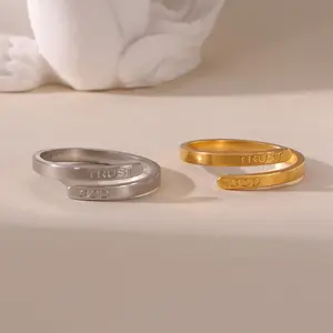 Unisex Stainless Steel Minimalist Adjustable Open Ring - Faith Religious Jewelry with Inspirational Lettering, Trust God Themed Fashion Accessory for Daily Wear