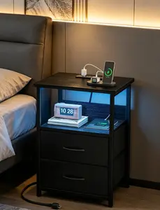 Night Stand with Charging Station, LED Nightstand with U-S-B Ports and Outlets, 2 Fabric Storage Drawers with PU Finish, Small Bedside Table, Black