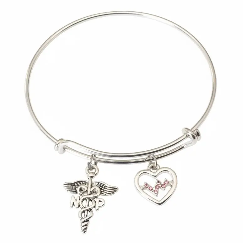 Nurse Practitioner Gift Bracelet | NP Silver Charm Bangle with Caduceus