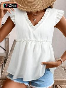women's solid textured ruffle trim blouse, casual cap sleeve v neck top for spring & fall, women's clothing for daily wear, vneck summer tops, peplum tops, shirts