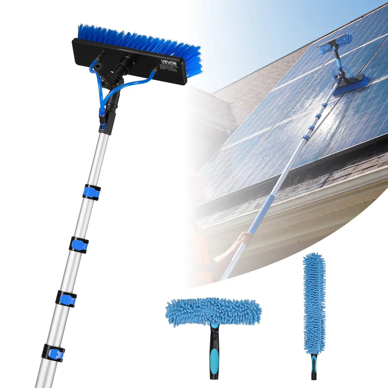VEVOR Solar Panel Cleaning Kit, 24 ft Extendable Aluminum Telescopic Pole with 180-Rotatable Brush Head, Soap Dispenser for Roof Mounted Solar Panels, Windows, Sunrooms, Billboards, Garden Deep Cleaning
