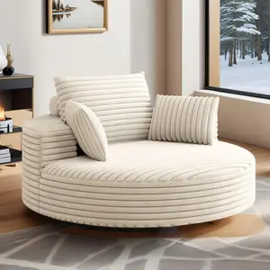 Eyisean 55" W Corduroy Oversized Round Swivel Accent Barrel Chair, 360 Degree Upholstered Chaise Lounge Chair Indoor with Pillow, Comfy Deep Seat Single Sofa Armchair for Living Room, Apartment