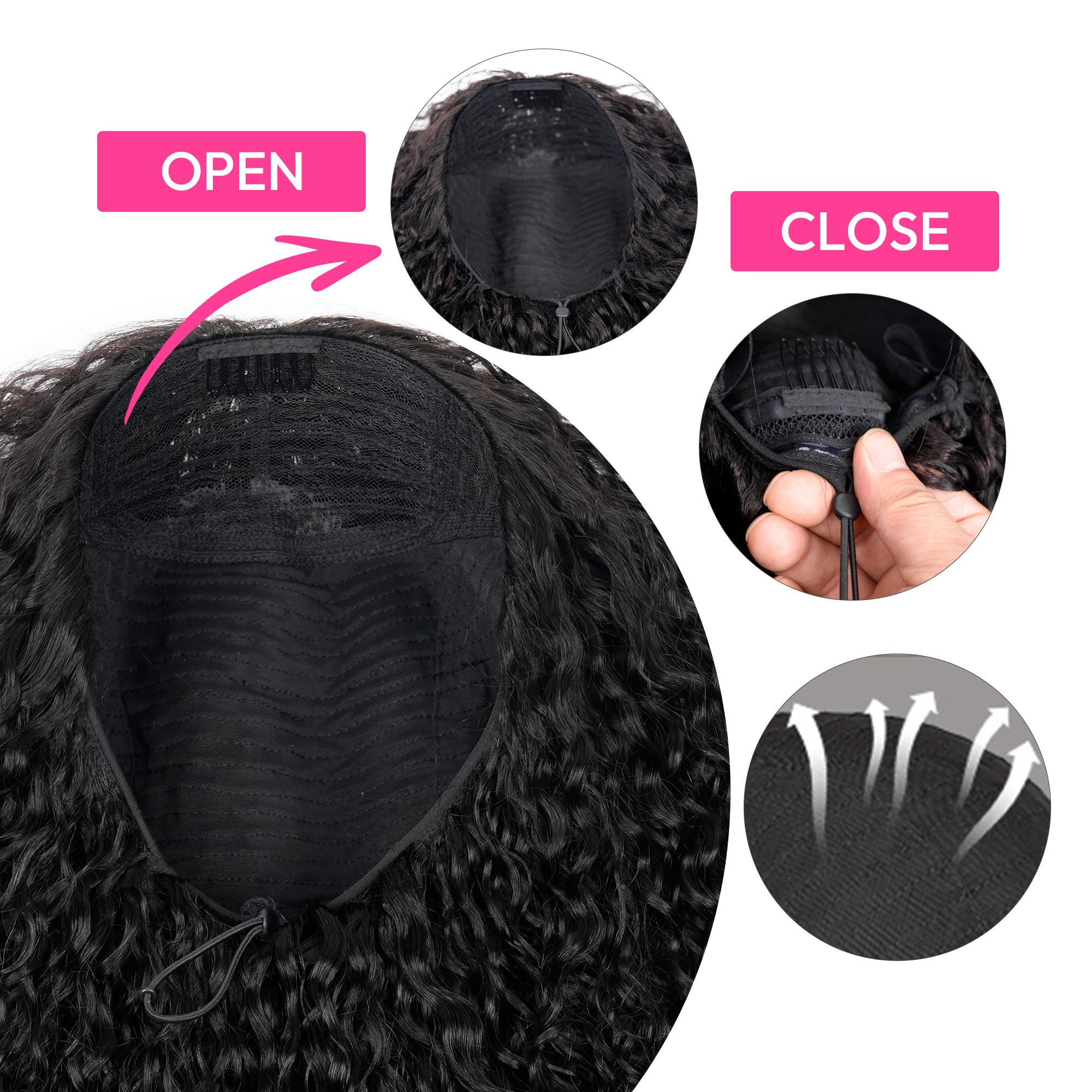 【3 In 1 Half Wig】Alipearl Hair Kinky Curly Glueless Half Wig Human Hair Wigs With Drawstring Cap Invisible Hairline Beginner Friendly