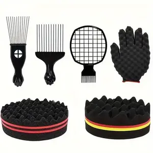 6-Piece Hair Styling Comb Set for Normal Hair, Includes Magic Curl Sponge Glove, Afro Brush and Twist Combs, Durable Plastic Bristles and ABS Handle
