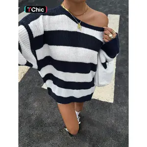 Women's Asymmetric One-Shoulder Sweater with Color Block Stripes and Puff Sleeves, Soft Oversized Knit Pullover for Fall and Winter