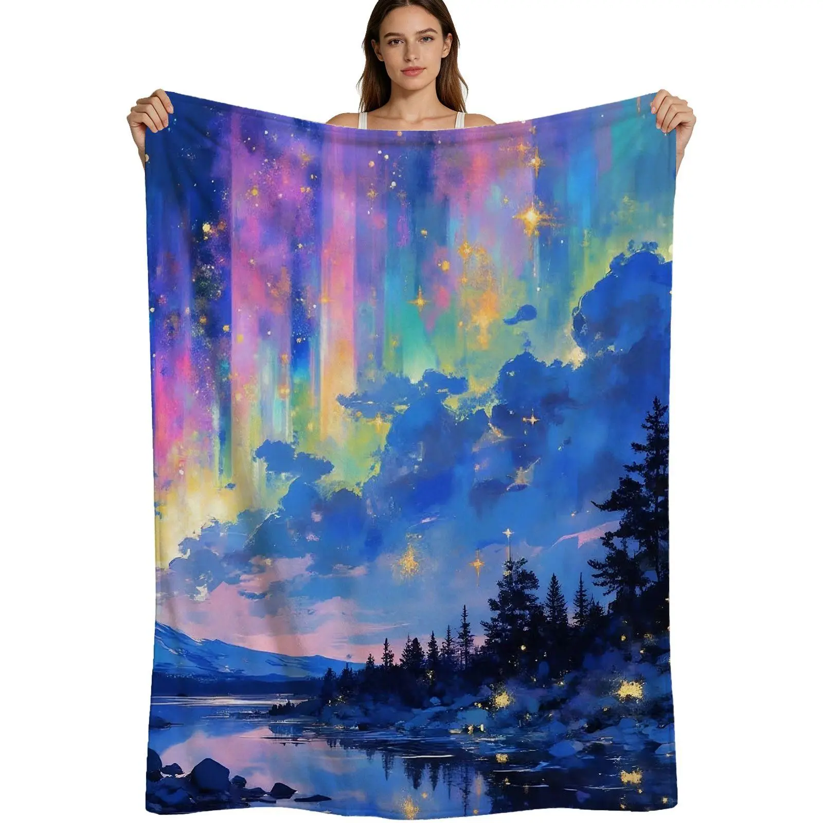 Aurora Borealis Style, Warm Flannel Blanket, Dreamy Northern Lights Landscape Pattern, Soft Plush Fleece Fabric With Vivid Digital Print, For Bedroom Living Room Sofa Bed Decor Gift, 4 Sizes Available Single Pack
