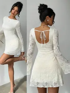 OLIVIA Romantic Cream Lukea Lace Mini Dress - Exquisite Long Sleeve Gown for Honeymoon & Date Night Outfits