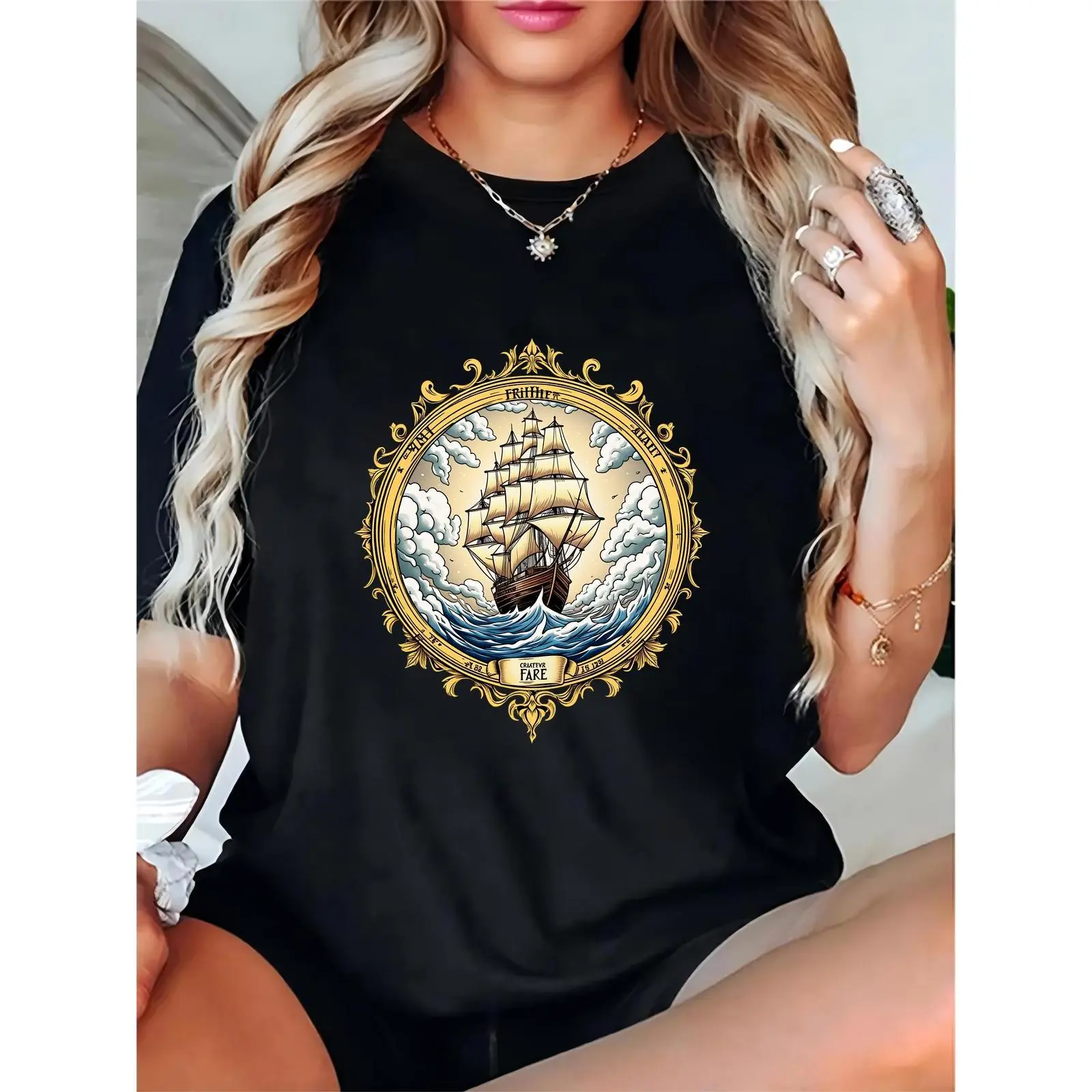 Women's 100% Cotton Short-Sleeve Round Neck Tshirt - Black, Vintage Ocean Waves & Clouds with Golden Frame, Loose-Fitting Comfortable Lightweight Breathable Casual Summer Beach Clothes for Ocean Enthusiasts, Everyday Basics