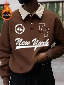 Men's Retro Polo Collar Sweatshirt | Contrast Sherpa Fleece Collar Thermal Pullover with NY/New York Graphic Print | Vintage Loose Fit
