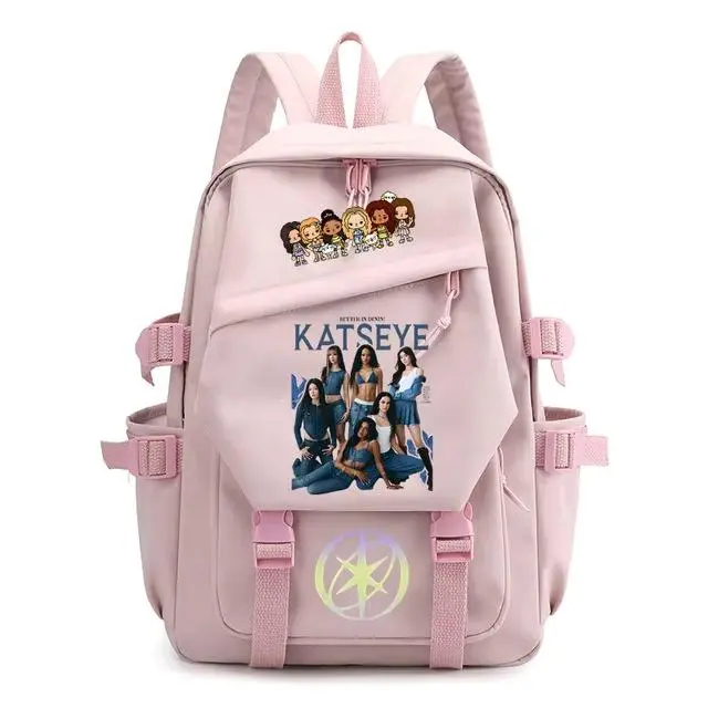 KATSEYES Dual Graphic Laptop Backpack Pastel Pink Large Capacity School Travel Daypack with Reflective Star Logo Print
