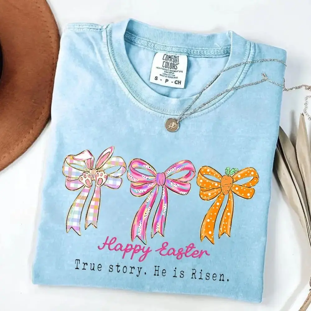 Comfort Color Bunny Coquette Happy Easter T-shirt, He Is Risen T-shirt, Carrot Bow Clipart, Christian Easter T-shirt, Easter Shirt, Brushstroke Easter Sublimation - Monogram Wear