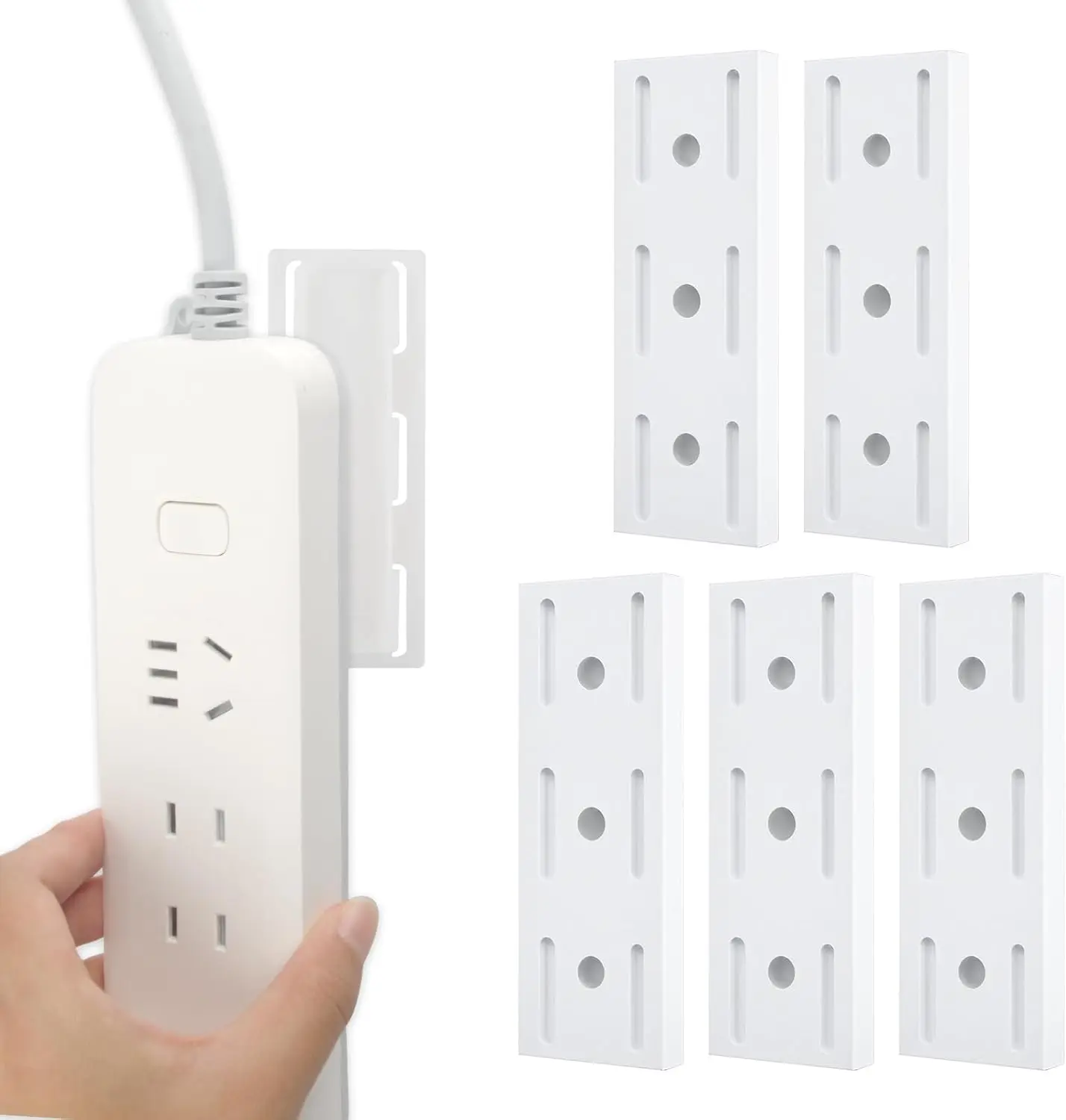 5PCS PA66 Eco-Friendly Rectangular Self-Adhesive Punch-Free Socket Holders - White Socket Saver, Wall Outlet Extender for Homes, Kitchens, No-Drill Cable Management Organizer (Indoor Use)