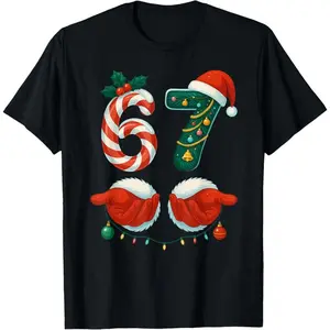 Men's 67 Christmas Meme Graphic T-Shirt - 100% Cotton Black Short Sleeve Crew Neck Regular Fit Casual Wear | Soft & Breathable Fabric, Durable Print, Everyday Comfort, Machine Washable, festive cartoon holiday celebration