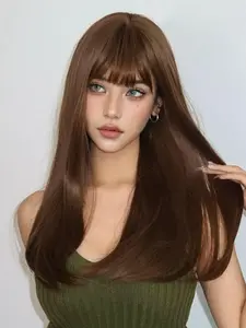 26 Inch Long Straight Brown Wigs for Women, Glueless Hair Wigs, Gorgeous Fashion Fluffy Wigs with Curtain Bangs, Synthetic Full Machine Wigs for Party, Daily Use
