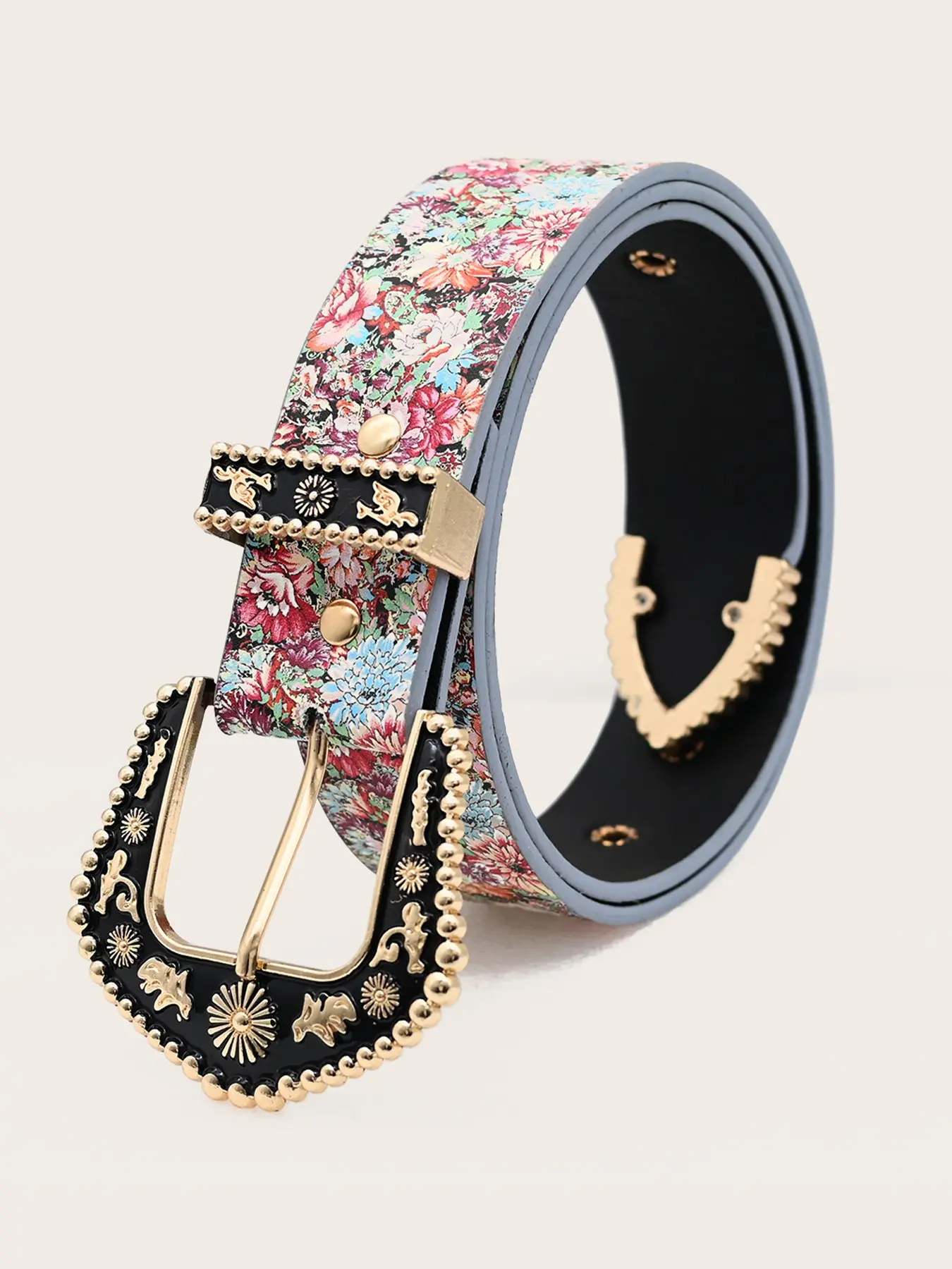 Vintage Western Style Tropical Floral Women's Belt, Pu Leather Belts, Colorful Butterfly Print Waistband, Belt with Buckle, Vintage Carved Buckle, Perfect for Vacation, Boho Style Belt, Printed Belt
