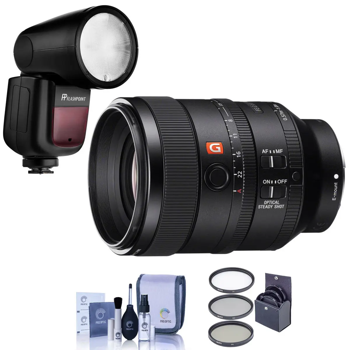 Sony FE 100mm f/2.8 STF GM OSS Lens for Sony E, Bundle with Flashpoint Zoom Li-On X R2 TTL On-Camera Round Flash Speedlight, 72mm Filter Kit, Cleaning Kit