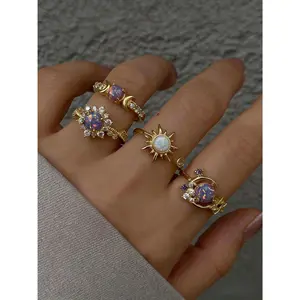 4-Piece Stylish Starry Sky Sun & Moon Ring Set with Opal & Amethyst Gemstones, Open Adjustable, Gold/Silver Plated Stackable Jewelry, Suitable for Women's Daily Wear, Perfect as a Gift for Girlfriends, Valentine's Day Gift