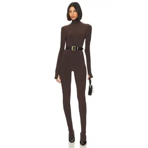 Norma Kamali Slim Fit Turtle Catsuit With Footsie in Chocolate