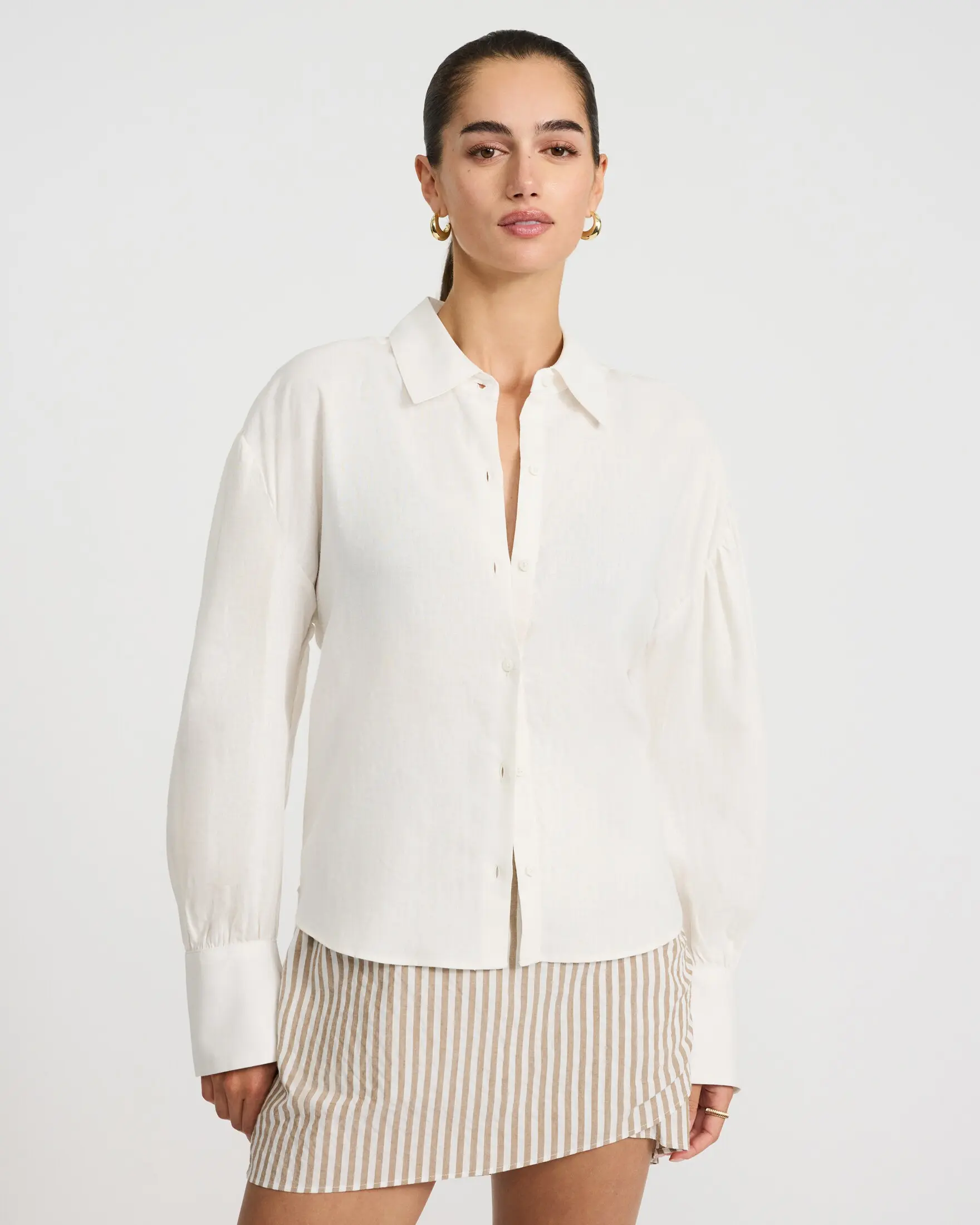 Express Summer-Blend Linen Long Balloon Sleeve Oversized Shirt, Casual, Rayon