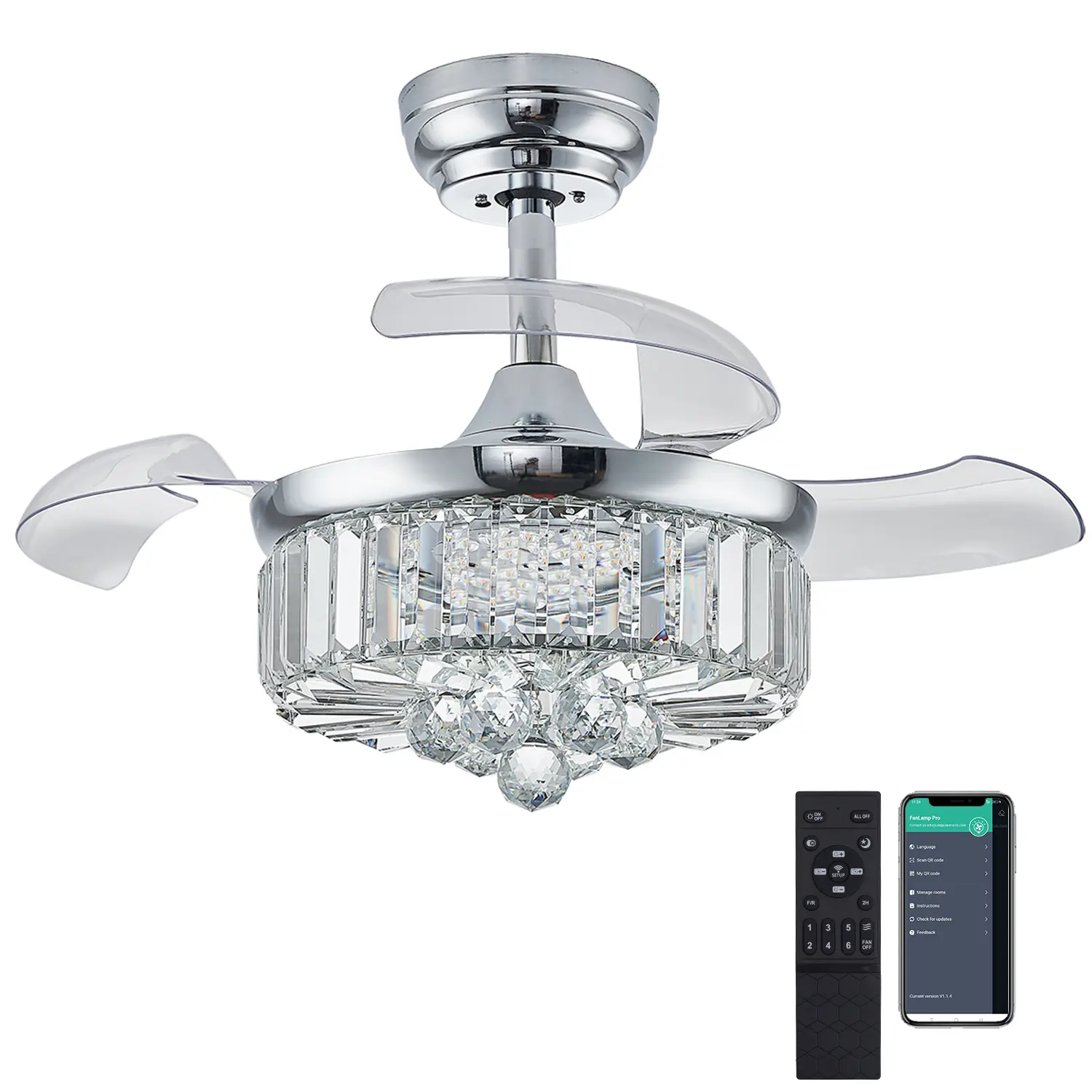 Zynfandor 30-in Contemporary Crystal Chandelier Fan with Light - 95-265V Silent DC Motor, 40W Energy-Saver, 10-100% Dimming, Retractable Blades, Timer, 6-Speed Settings, Reversible Airflow, App+Remote Control, Home Decoration Lamp for Bedroom, Living Room