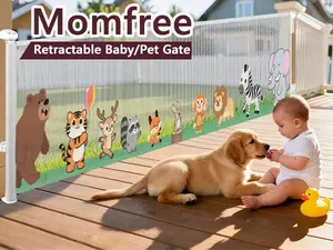 MOMFREE 33" Tall 120" Extra Wide Mesh Safety Fence for Pet & Baby Retractable One-Hand Operation Secure Closure for Doorways Stairs Deck Porch Hallways Patio Indoor Outdoor