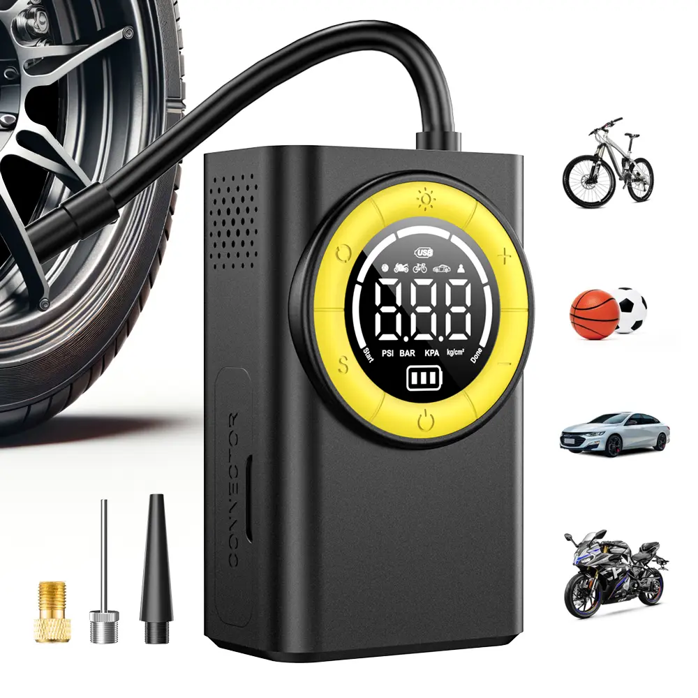 Tire Inflator Portable Air Compressor - 2600*2mAh Air Pump for Car Tires,  Cordless Tire Pump with Pressure Gauge & LED Lights - Faster for Car, Motorcycle, Balls and Bicycle, Black