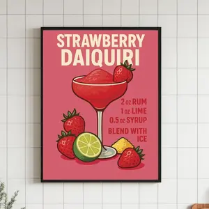 Strawberry Daiquiri Cocktail Print – Fruity Bar Wall Art, Frozen Drink Recipe Poster
