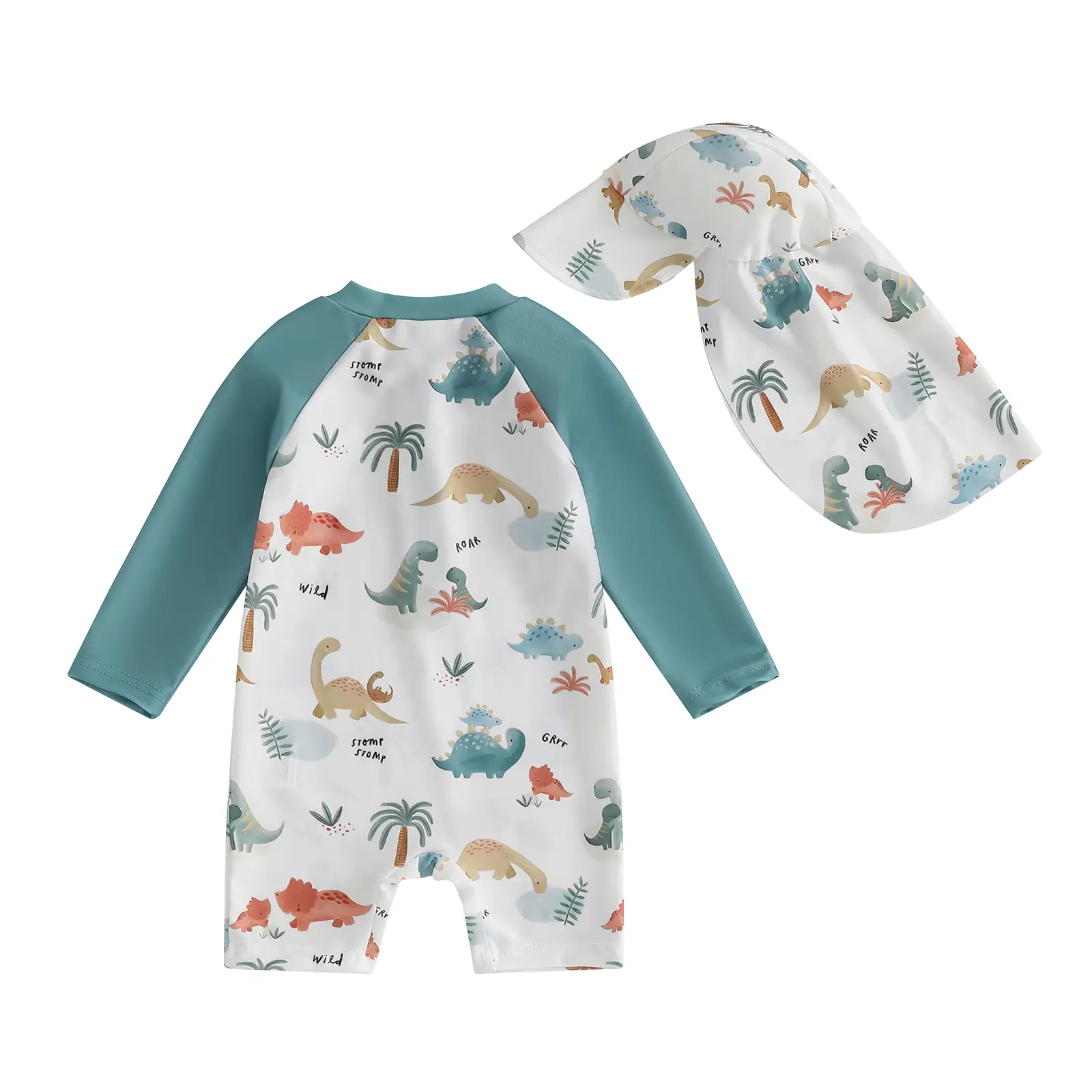 Toddler Boys Rash Guard Swimsuit Cute Print Long Sleeve Zip Bathing Suit with Swim Cap