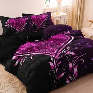 3pcs Romantic Purple Heart Rose Floral Duvet Cover Set HD Print for Home & Bedroom,(1*Duvet Cover + 2 Pillowcases,No Comforter, No Pillow Core) ﻿