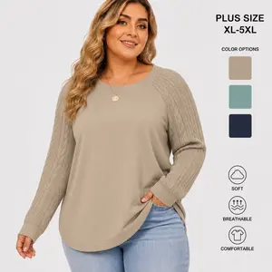 ROSRISS VPS0177 Women's Plus-Size Chic Baggy Patchwork Fabric Raglan Cable Knit Long Sleeve Crewneck Casual Pullover Tunic Sweatshirts, XL-5XL Style