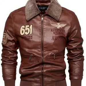 Vintage PU Aviator Jacket, Men's Casual Embroidered Zipper Lapel Faux Leather Jacket for Fall and Winter