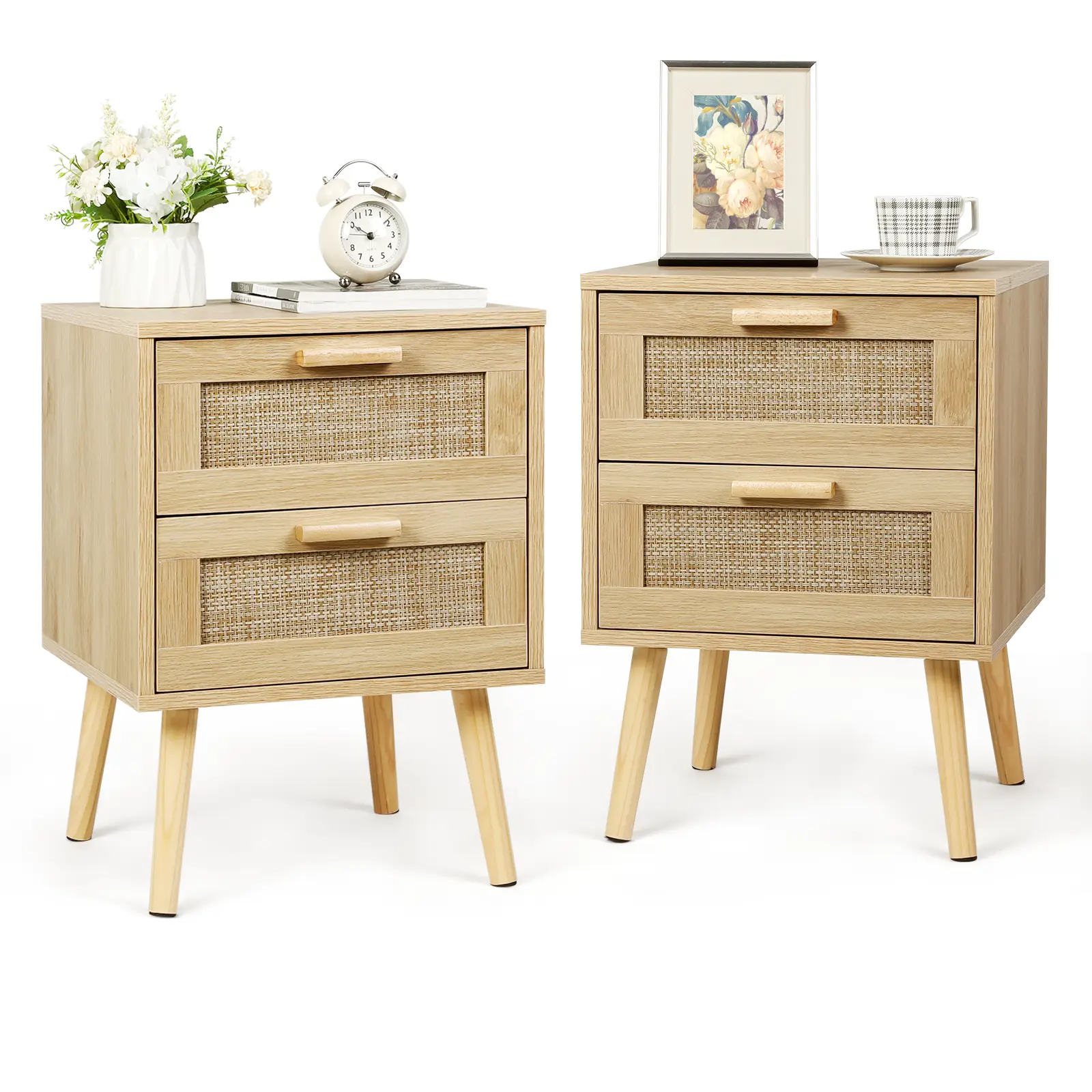 VOWNER 2PCS Rattan Nightstand, End Table with 2 Drawers and Solid Wood Legs, Side Table with Storage for Bedroom, Easy Assembly Night Stand for Kids