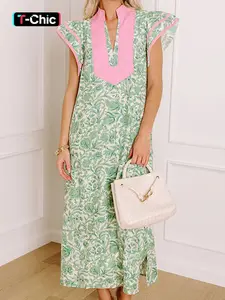 Summer Elegant Floral Print Colorblock V-Neck Short Sleeve Midi Dress, Women's Fashion Casual Party Dress, Comfortable and Stylish