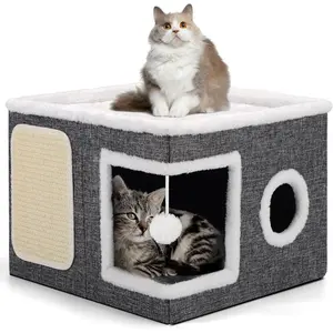 Cat Beds for Indoor Cats, Large Cat Cave with Cozy Condo, Fluffy Hanging Ball, Round Window, Foldable Indoor Cat House Hold Up , Cat Hideaway with Double-Sided Soft Cushions for All Seasons