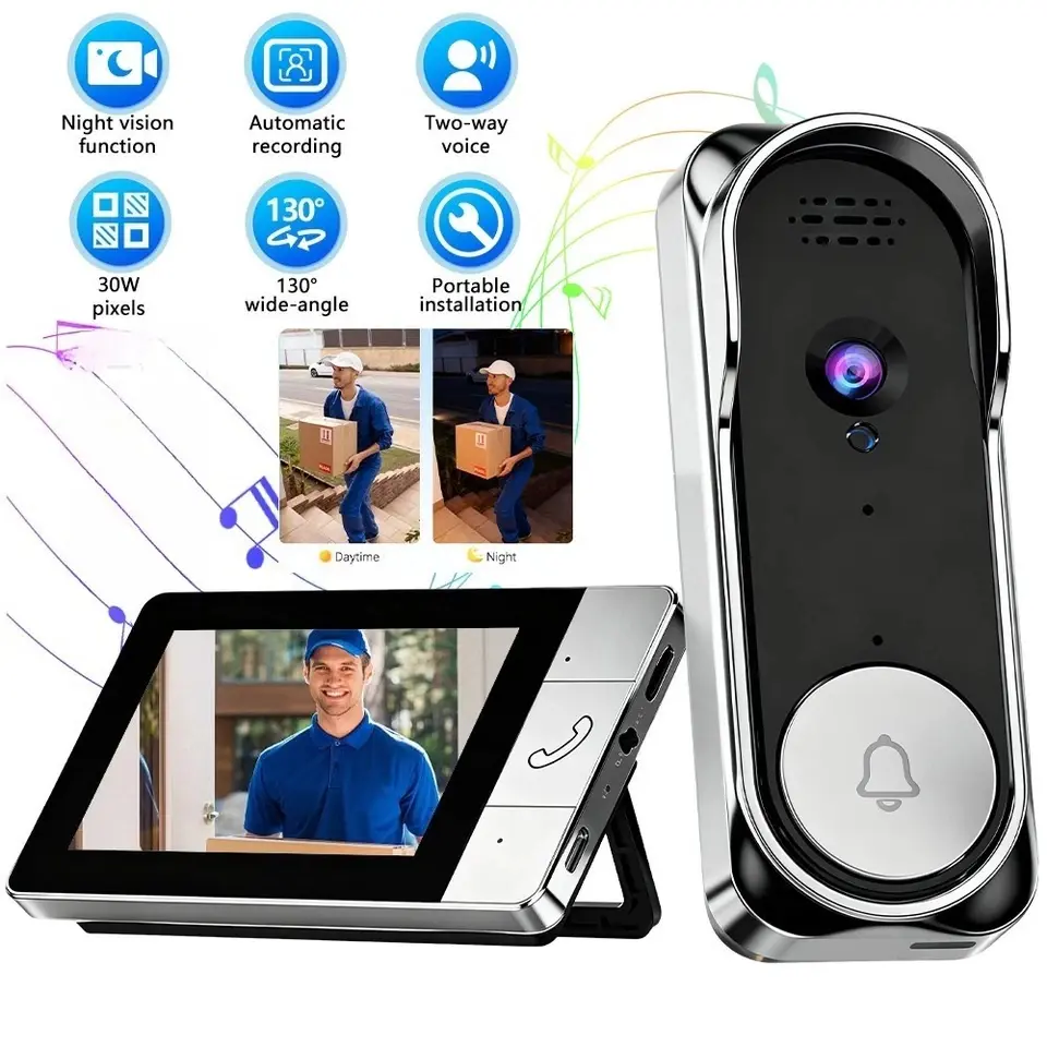 Wireless Smart Security Doorbell Kit with Metal Finish, 4.3in Indoor Monitor, 30W HD, 130° Wide Angle, IR Night View, 2-Way Voice, Auto Recording, 128GB Memory Card, No-Drill Outdoor/Indoor Intercom Camera,toolupgrade
