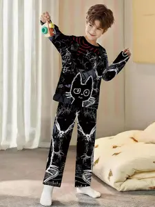 2-piece Boys' Long-Sleeve Pajama Set with Dark Hand-Drawn Cat Graffiti Digital Print, Matching Long Sleep Pants, Flame-Retardant Fabric. Stylish, trendy, casual, soft and comfortable loungewear set, ideal for sleeping and daily home leisure. Made of 100%
