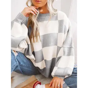 Plus Size Plaid Drop Shoulder Sweater, Casual Long Sleeve Knitwear for Autumn & Winter, Loose-Fitting Crewneck Pullover for Women