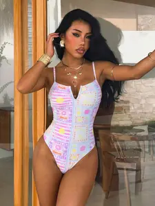 Gradient Bikini Set Sexy V Neck Bodycon One Piece Swimsuit Drawstring Wide Leg Sheer Pants Breathable Fabric for Summer Beach Vacation