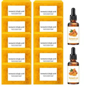 Lemon Turmeric & Kojic Acid Brightening Cleansing Soap & Turmeric Essential Oil with Soap Saver Bags, Moisturizing Skin Care Set for Women Men Face & Body Wash #Summervibes