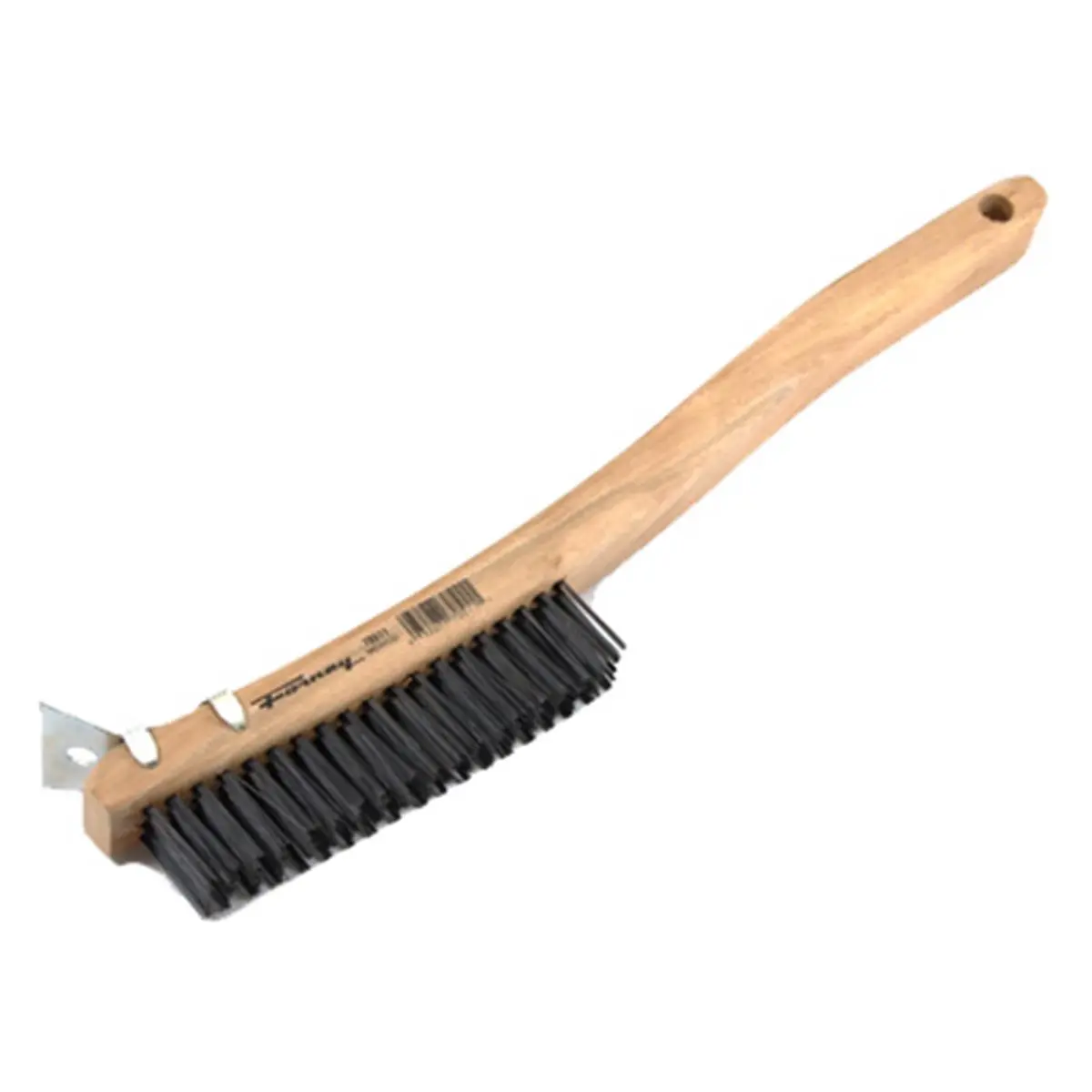 212 MAIN Carbon Steel Wire Scratch Brush with Angled Head - Curved Wood Handle, Metal Scraper, Pre-Drilled Hang Hole, 13-11/16 in Size, 0.38 lbs, 13.75x3x1.5 in Dimensions for Wood Rust & Paint Removal